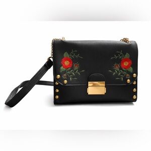 Chic Black Floral Crossbody Bag with Gold Accents